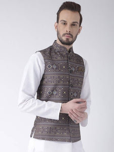 Men's Grey 
Cotton Blend
 Woven Design Nehru Jackets