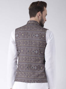 Men's Grey 
Cotton Blend
 Woven Design Nehru Jackets