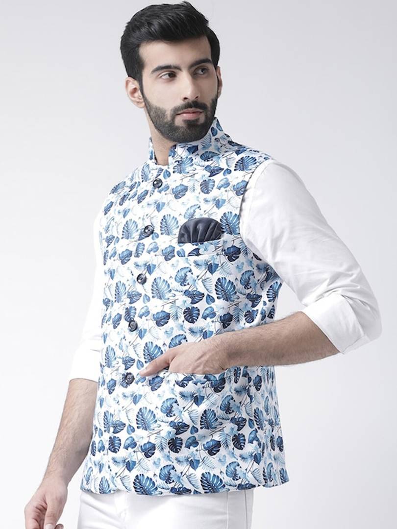 Men's Blue Viscose
 Printed Nehru Jackets