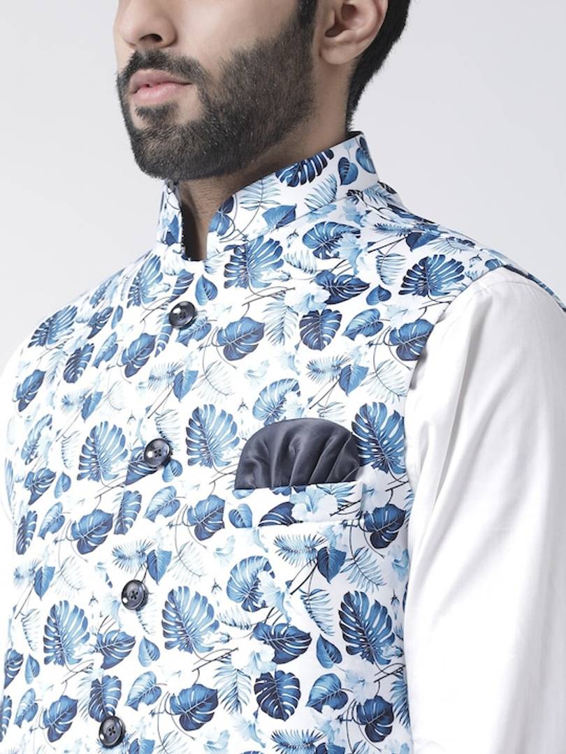 Men's Blue Viscose
 Printed Nehru Jackets