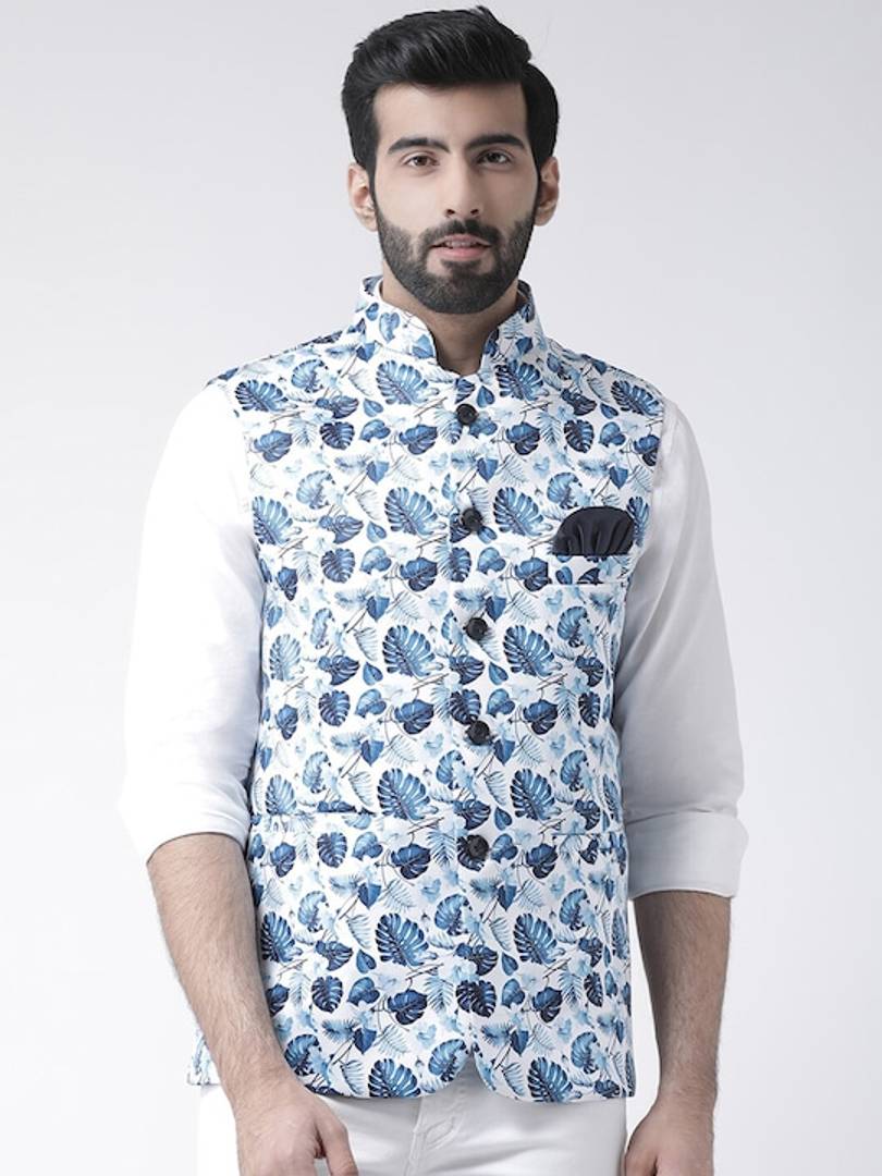 Men's Blue Viscose
 Printed Nehru Jackets