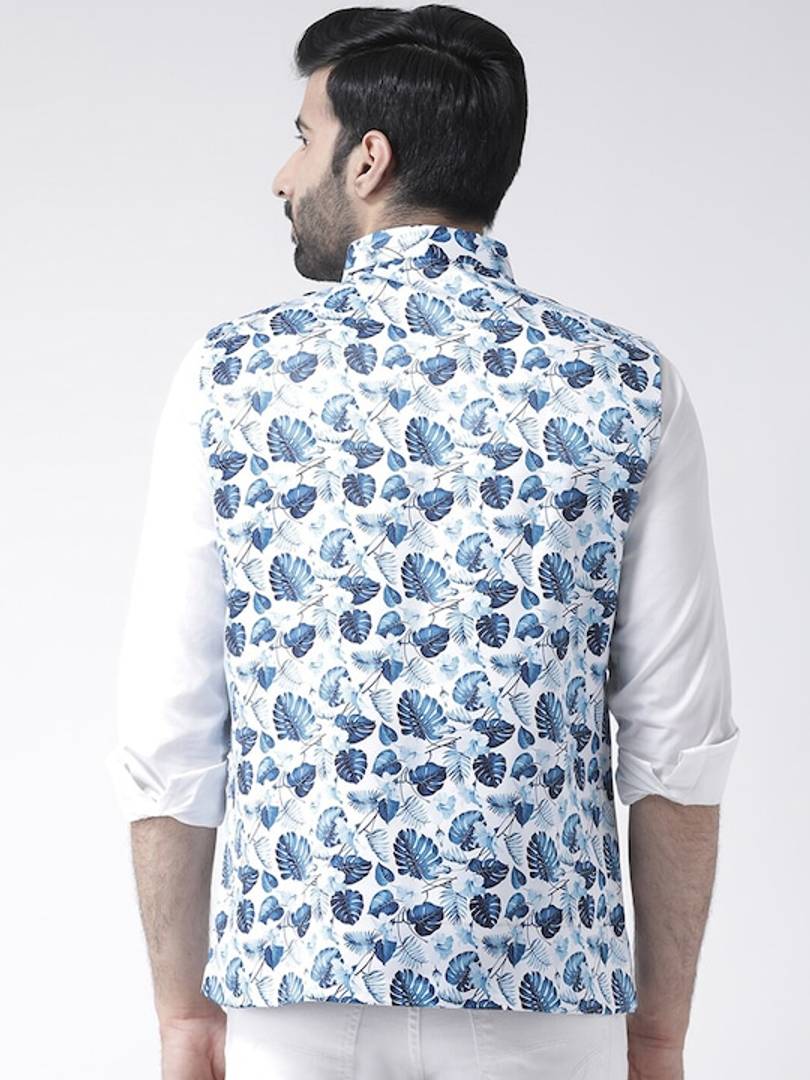Men's Blue Viscose
 Printed Nehru Jackets