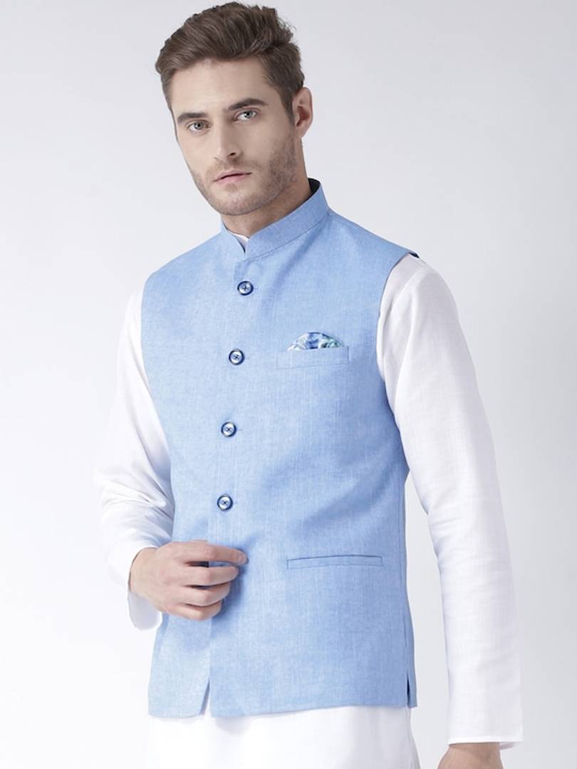 Men's Blue 
Linen
 Solid
 Nehru Jackets