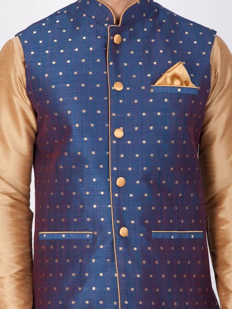 Men's Blue 
Silk Blend
 Printed Nehru Jackets