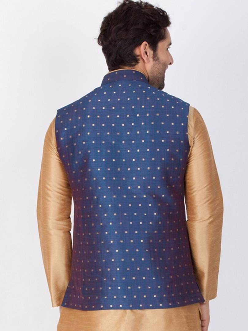 Men's Blue 
Silk Blend
 Printed Nehru Jackets