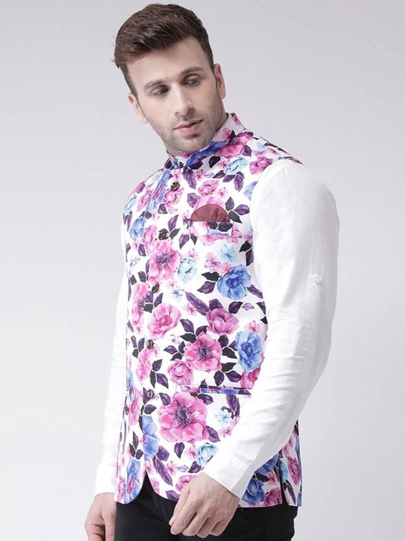 Men's Multicoloured 
Linen
 Printed Nehru Jackets