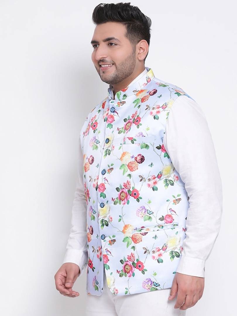 Men's Blue Viscose
 Printed Nehru Jackets