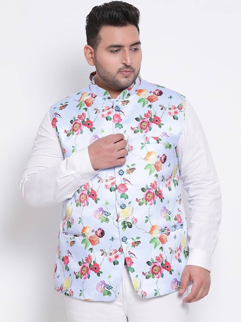 Men's Blue Viscose
 Printed Nehru Jackets
