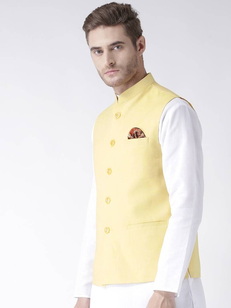 Men's Yellow 
Linen
 Solid
 Nehru Jackets