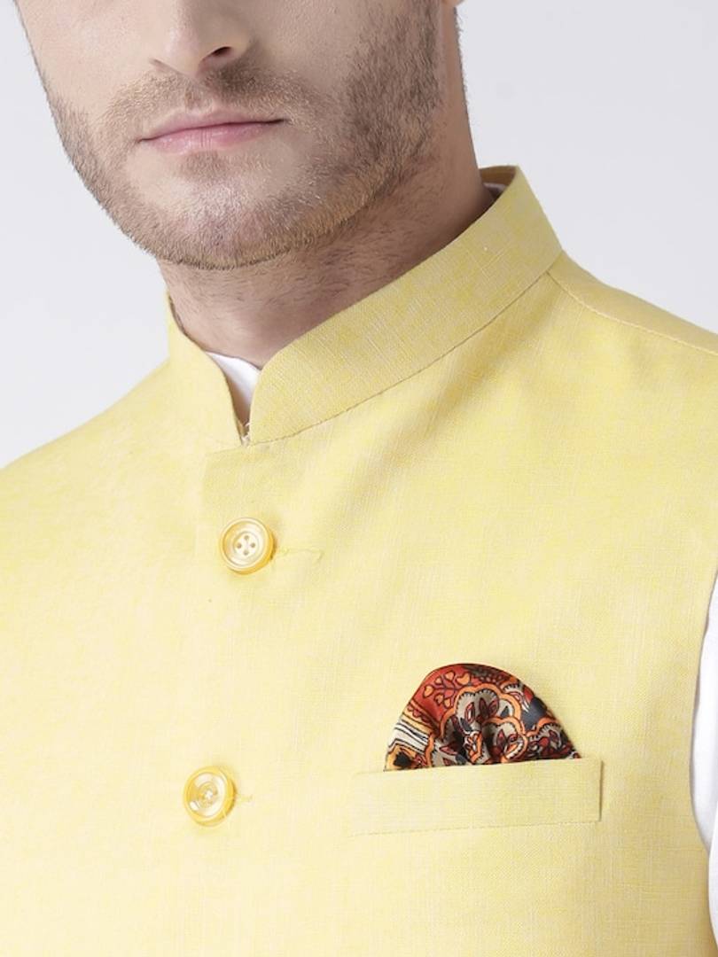 Men's Yellow 
Linen
 Solid
 Nehru Jackets