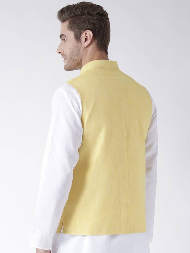 Men's Yellow 
Linen
 Solid
 Nehru Jackets