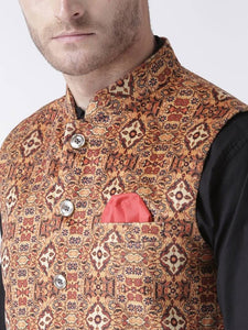 Men's Orange 
Polyester
 Printed Nehru Jackets