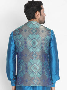 Men's Turquoise 
Silk Blend
 Printed Nehru Jackets