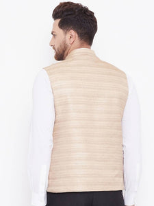 Men's Beige 
Silk Blend
 Woven Design Nehru Jackets