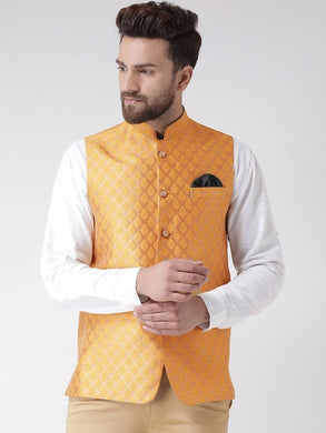 Men's Yellow 
Polyester
 Woven Design Nehru Jackets