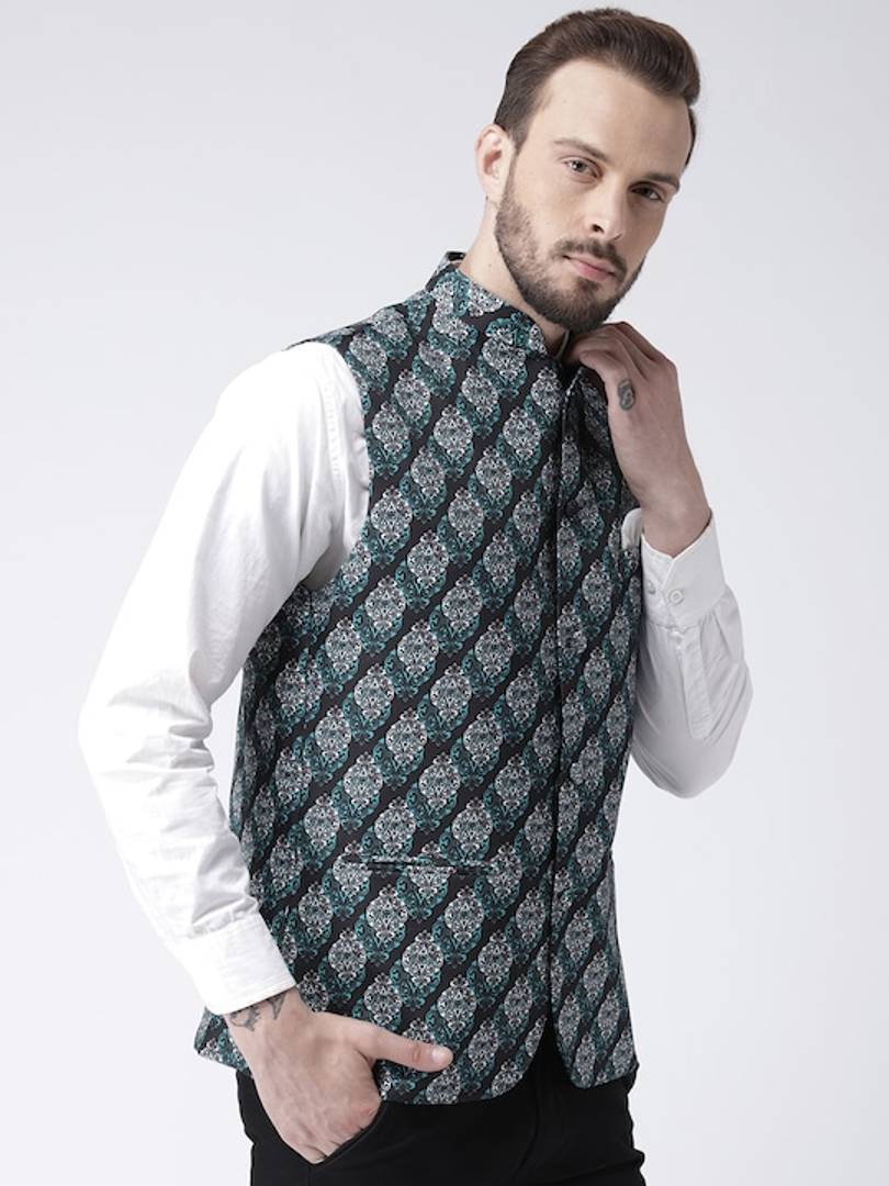 Men's Black 
Cotton Blend
 Printed Nehru Jackets