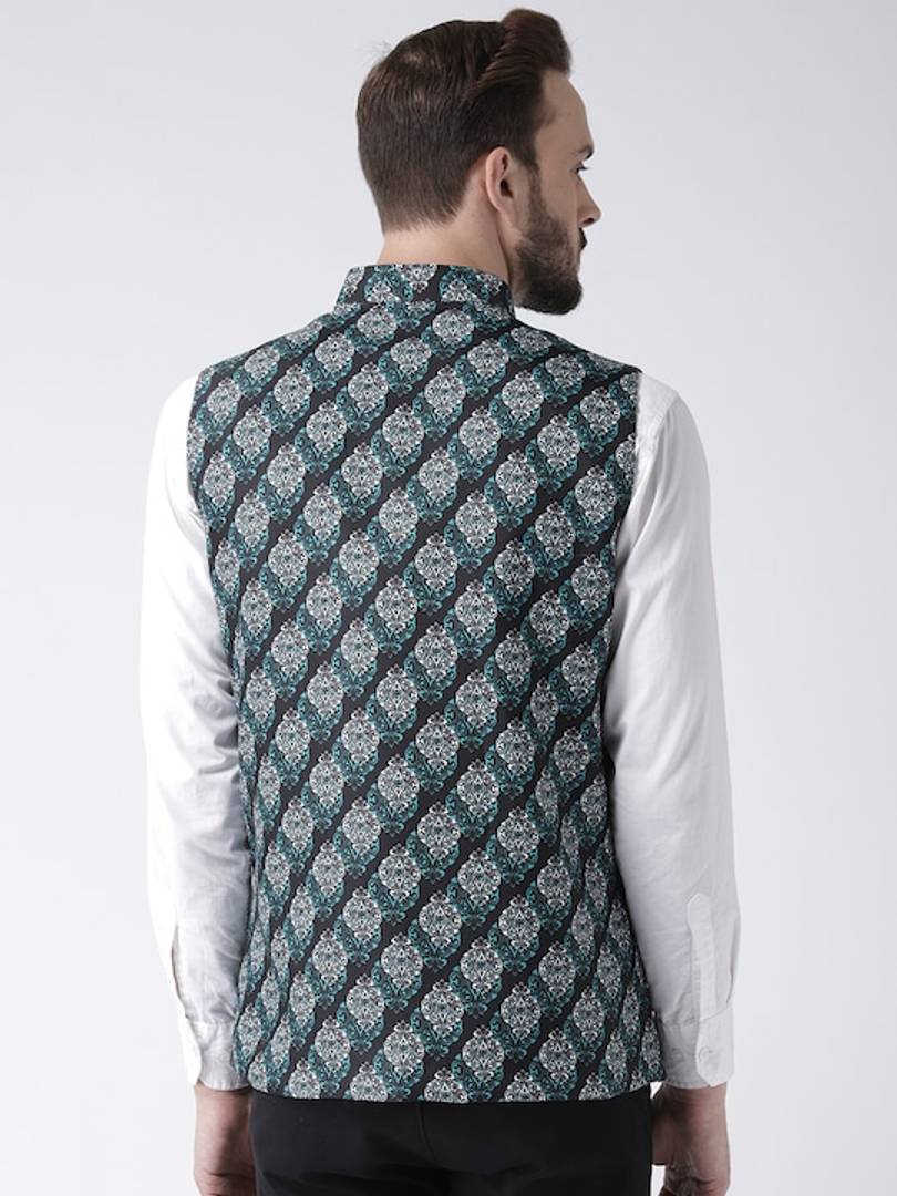 Men's Black 
Cotton Blend
 Printed Nehru Jackets