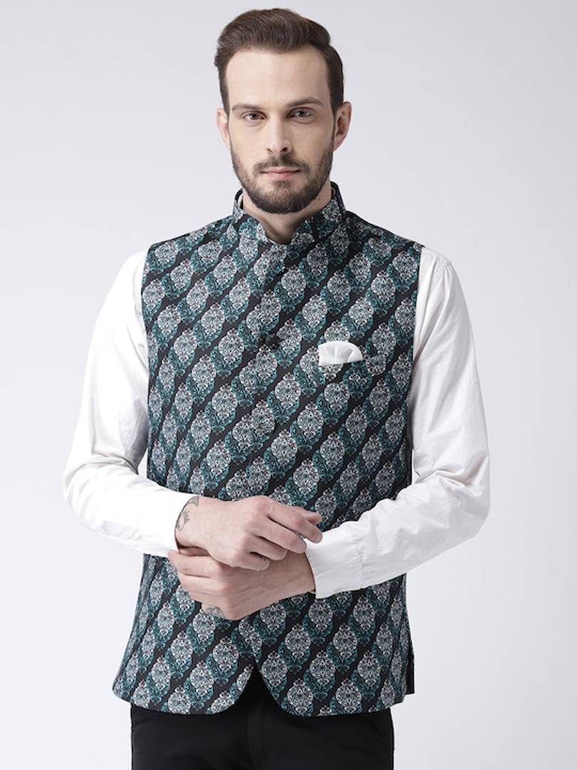 Men's Black 
Cotton Blend
 Printed Nehru Jackets