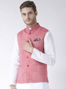 Men's Red 
Linen
 Solid
 Nehru Jackets
