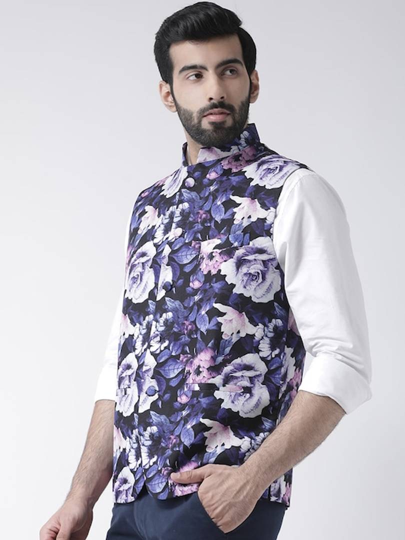 Men's White Viscose
 Printed Nehru Jackets