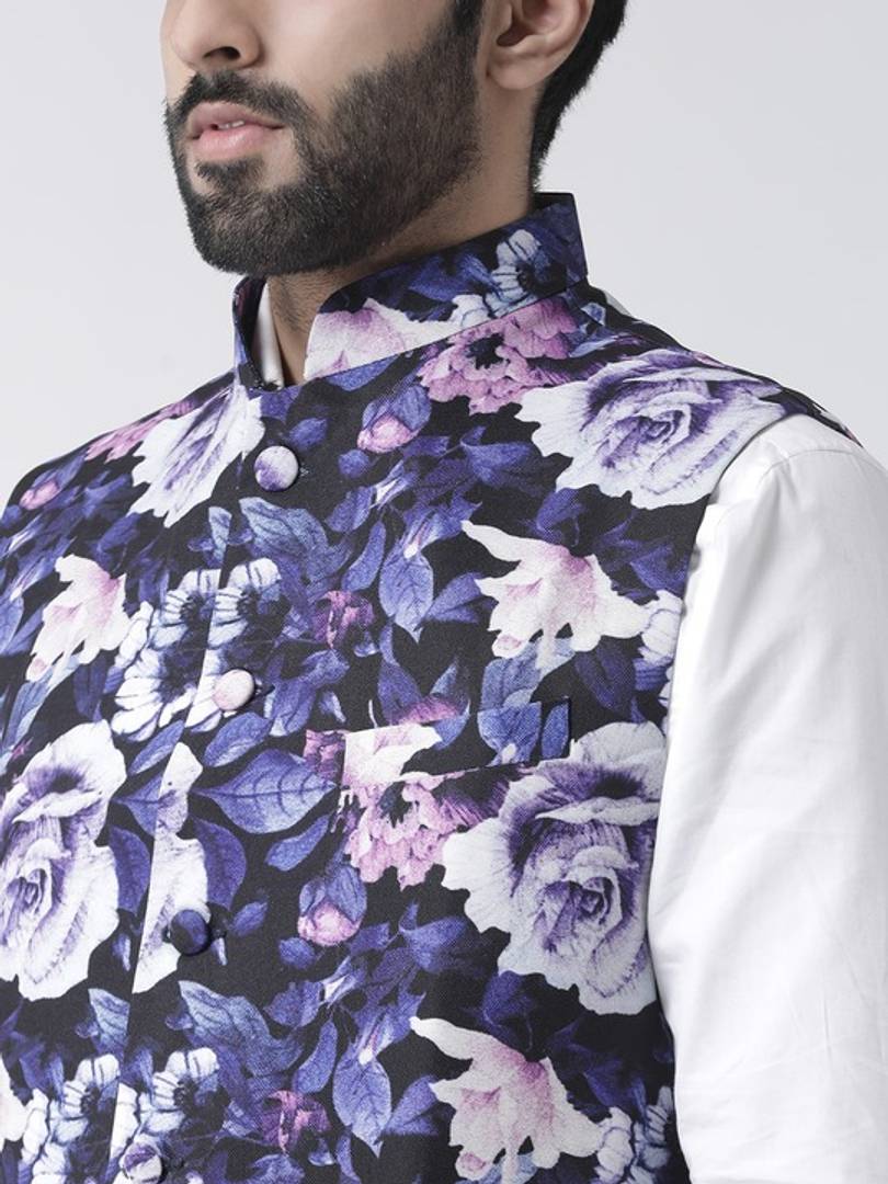 Men's White Viscose
 Printed Nehru Jackets