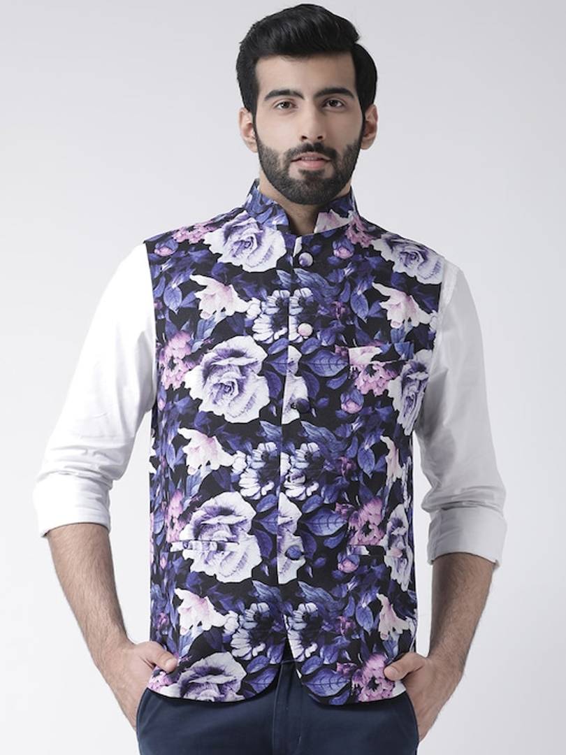 Men's White Viscose
 Printed Nehru Jackets