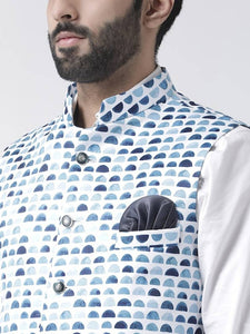 Men's Blue Viscose
 Printed Nehru Jackets