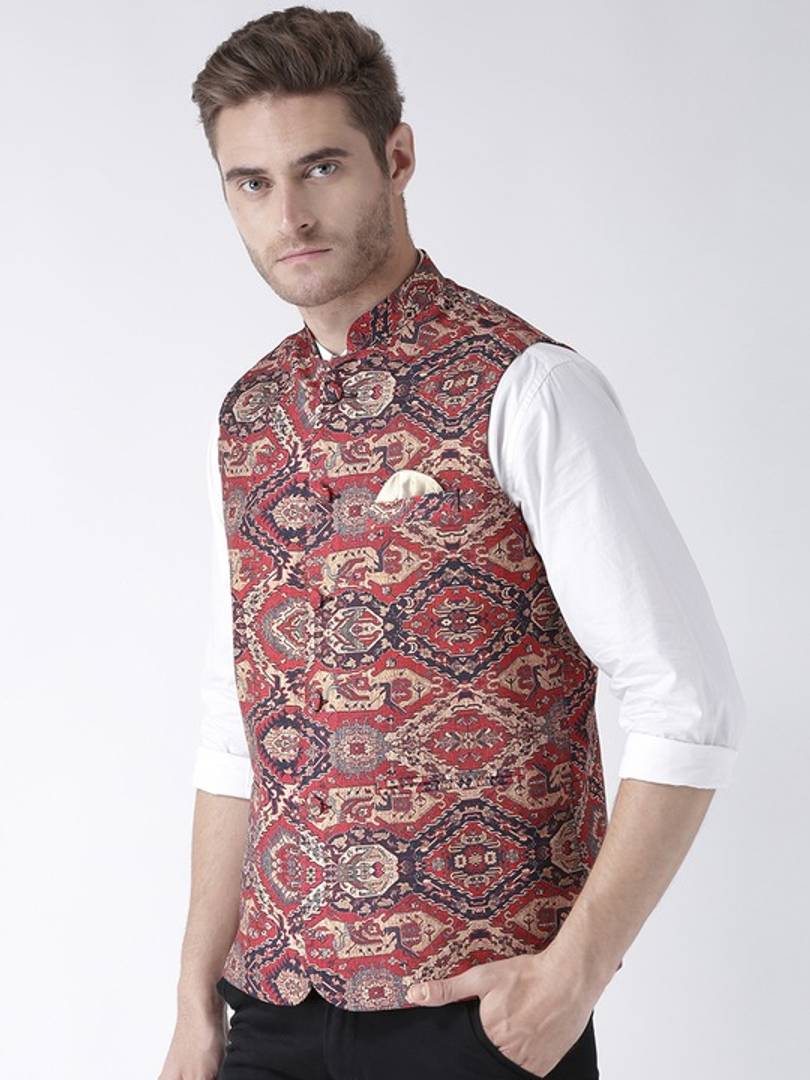 Men's Brown 
Cotton Blend
 Printed Nehru Jackets