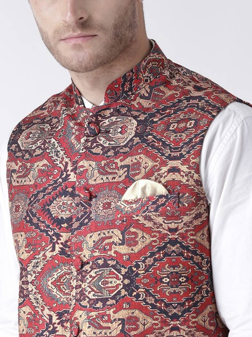 Men's Brown 
Cotton Blend
 Printed Nehru Jackets