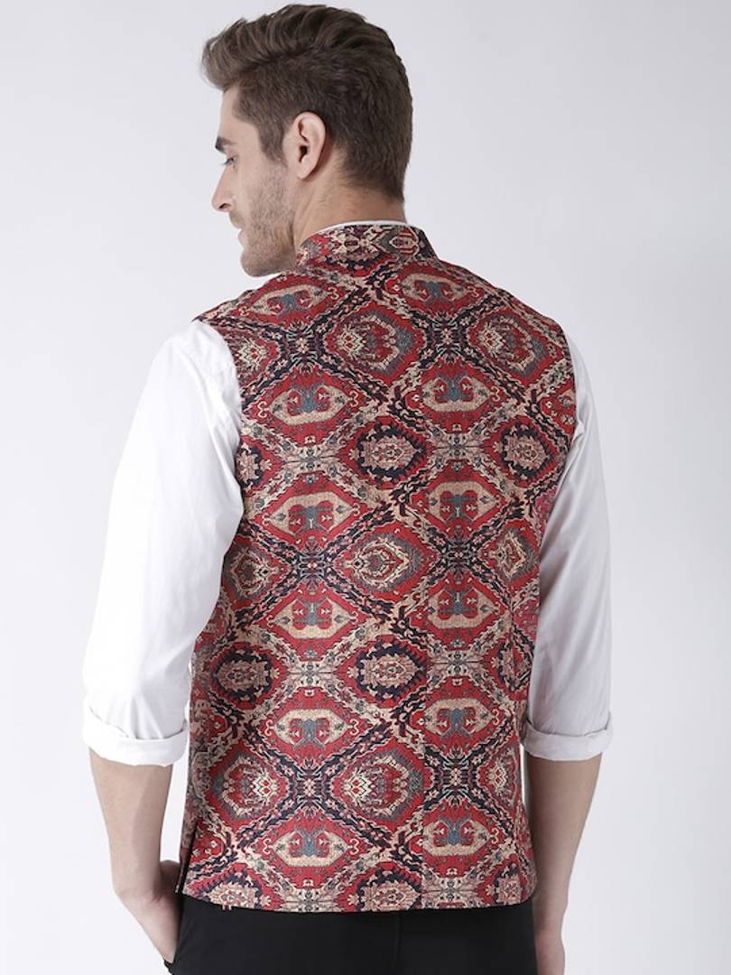 Men's Brown 
Cotton Blend
 Printed Nehru Jackets
