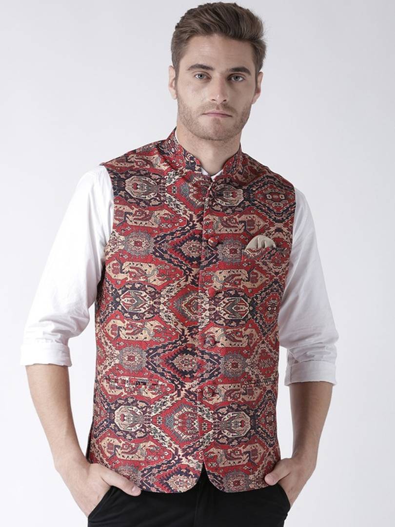 Men's Brown 
Cotton Blend
 Printed Nehru Jackets