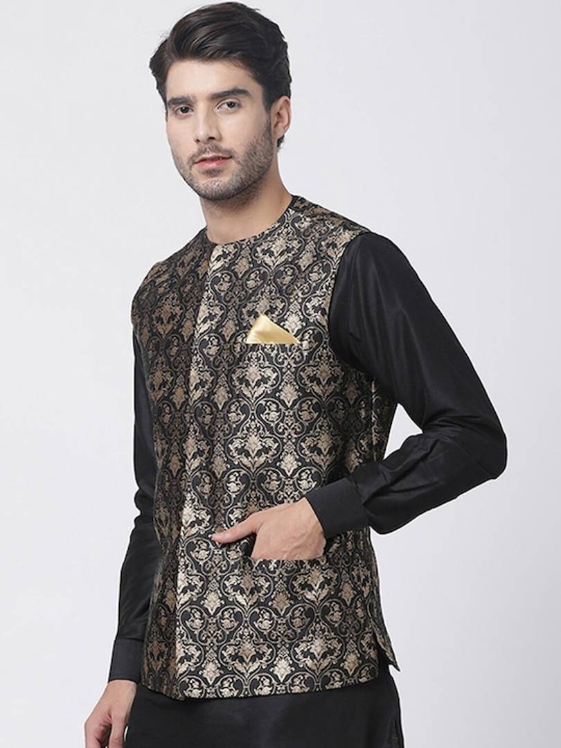 Men's Black 
Silk Blend
 Printed Nehru Jackets