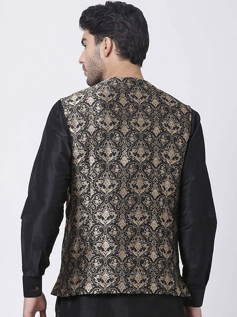 Men's Black 
Silk Blend
 Printed Nehru Jackets