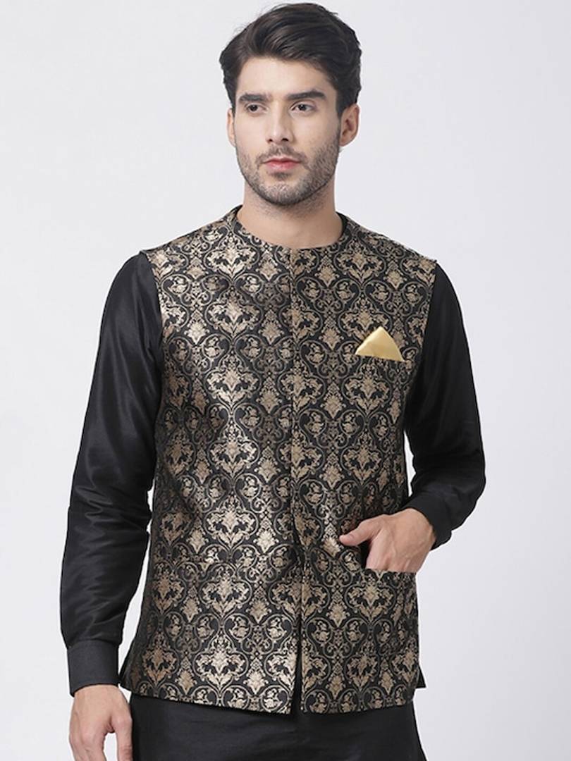 Men's Black 
Silk Blend
 Printed Nehru Jackets