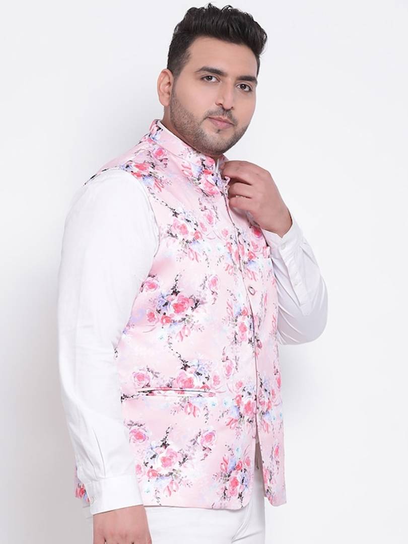 Men's Pink Viscose
 Printed Nehru Jackets