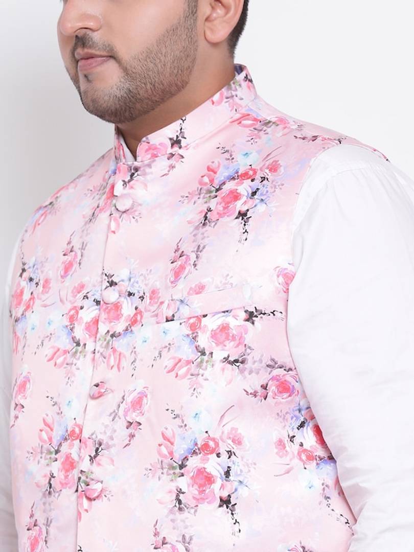 Men's Pink Viscose
 Printed Nehru Jackets