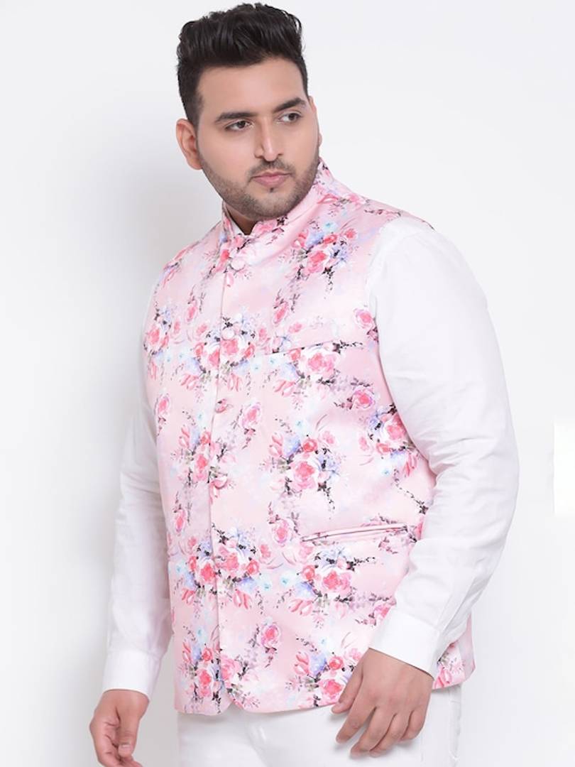 Men's Pink Viscose
 Printed Nehru Jackets