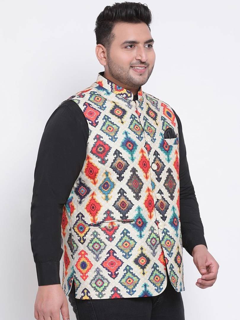 Men's Orange 
Cotton Blend
 Woven Design Nehru Jackets