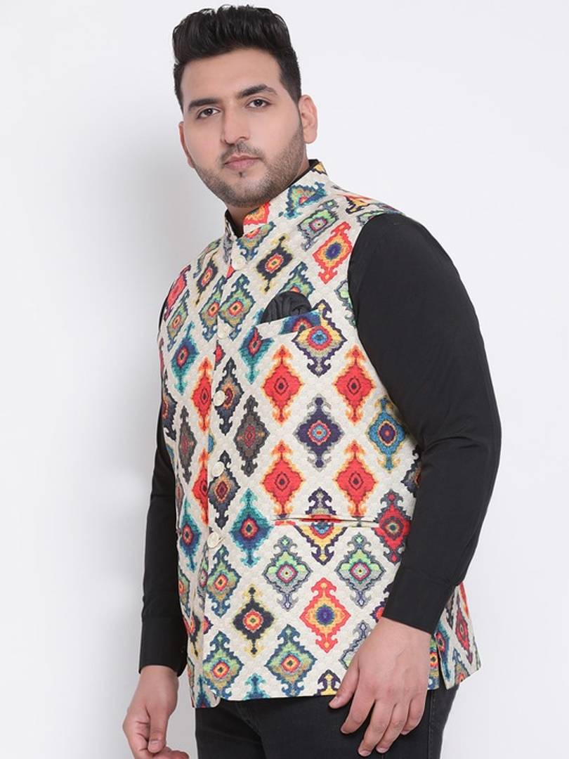 Men's Orange 
Cotton Blend
 Woven Design Nehru Jackets