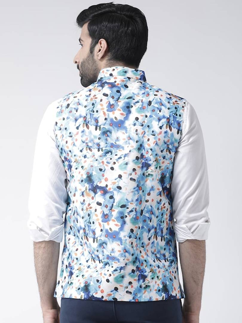 Men's White Viscose
 Printed Nehru Jackets