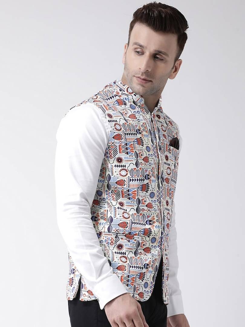 Men's White Viscose
 Printed Nehru Jackets