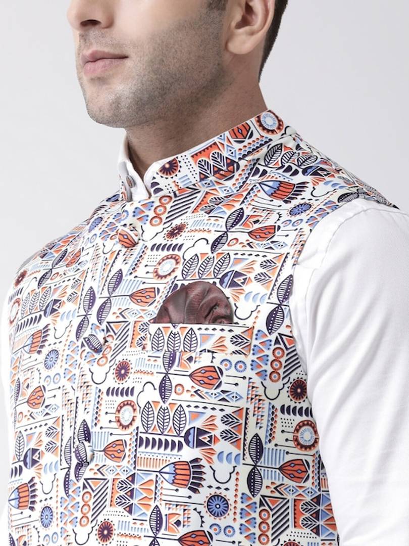 Men's White Viscose
 Printed Nehru Jackets