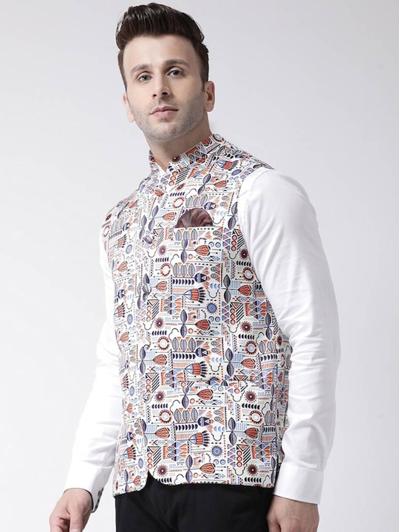 Men's White Viscose
 Printed Nehru Jackets