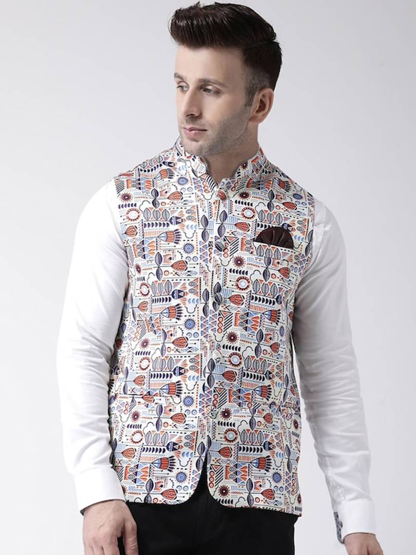 Men's White Viscose
 Printed Nehru Jackets