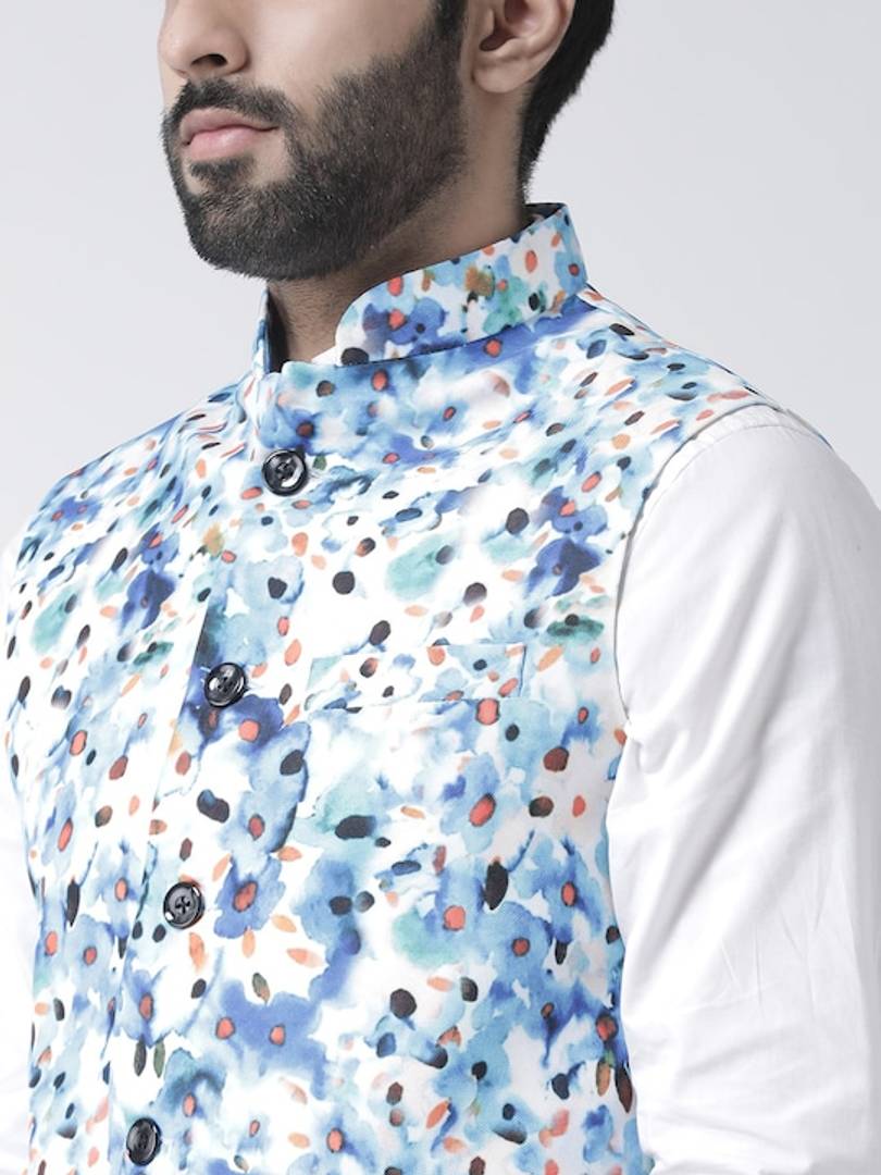 Men's White Viscose
 Printed Nehru Jackets