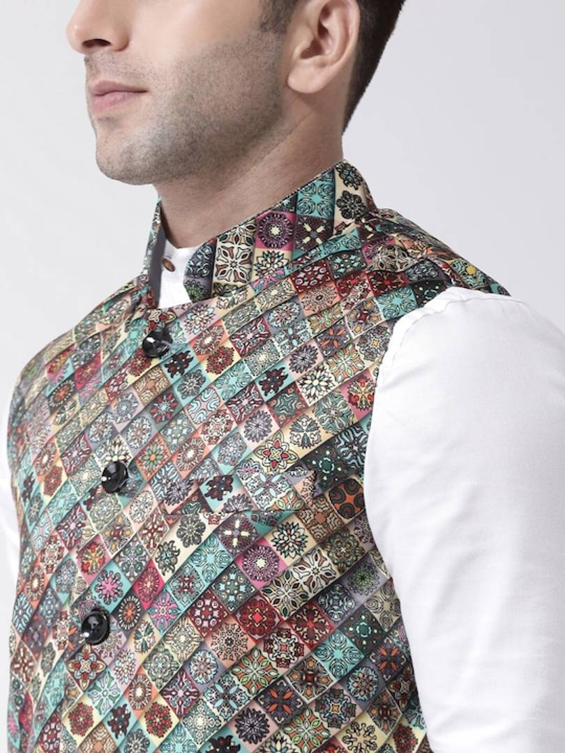 Men's Multicoloured Viscose
 Printed Nehru Jackets