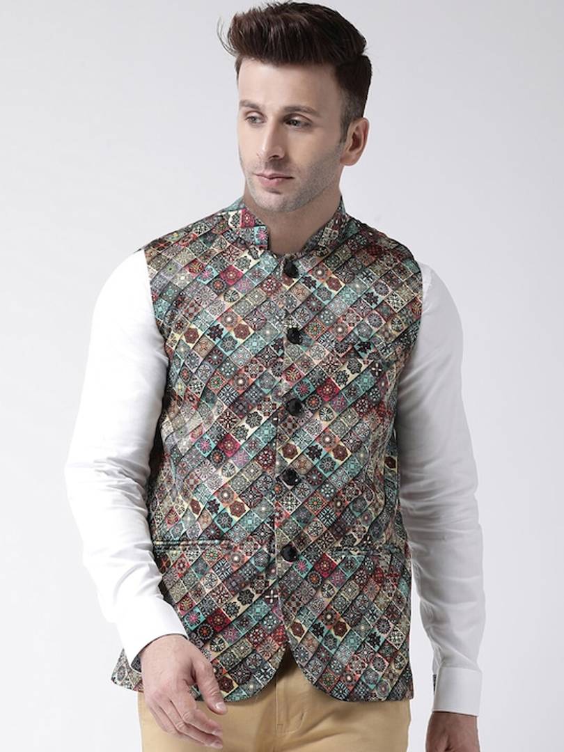 Men's Multicoloured Viscose
 Printed Nehru Jackets
