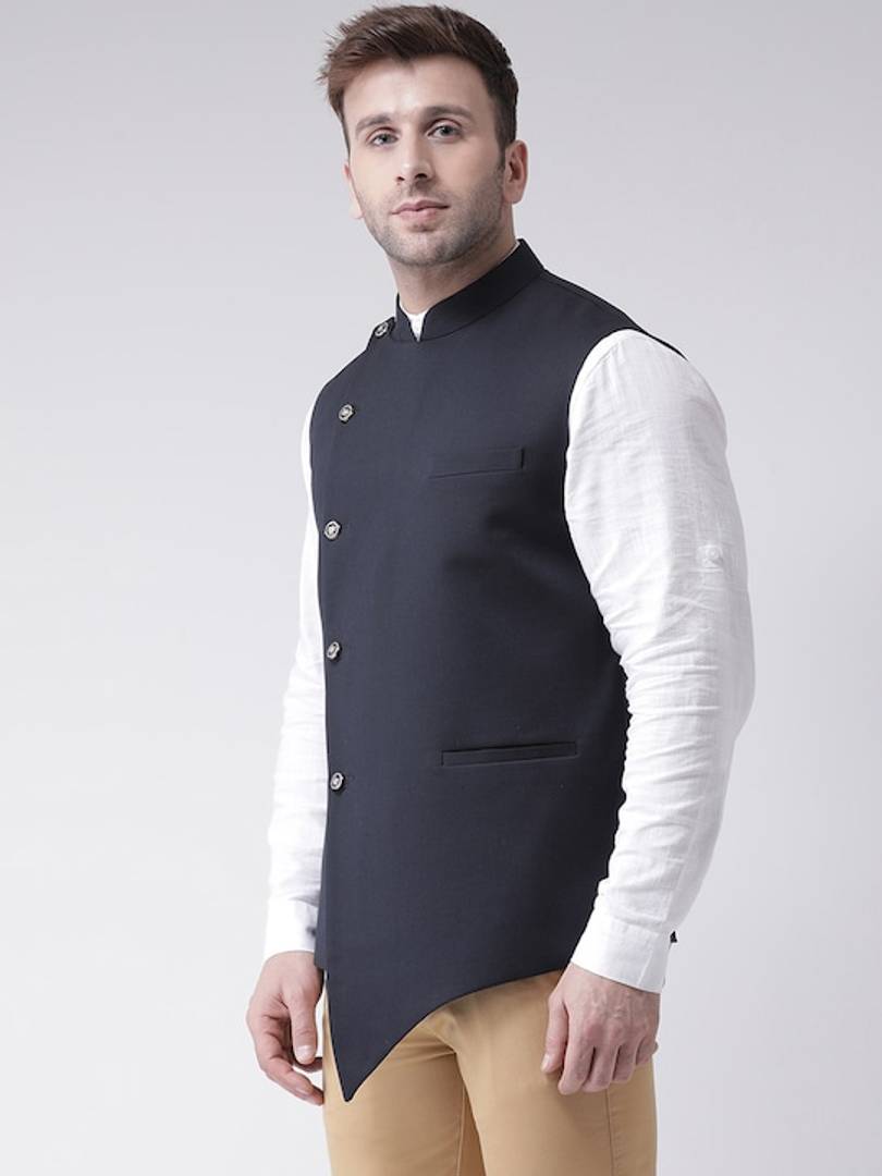 Men's Navy Blue Viscose
 Solid
 Nehru Jackets