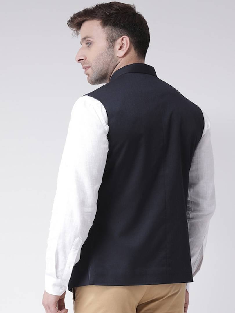 Men's Navy Blue Viscose
 Solid
 Nehru Jackets