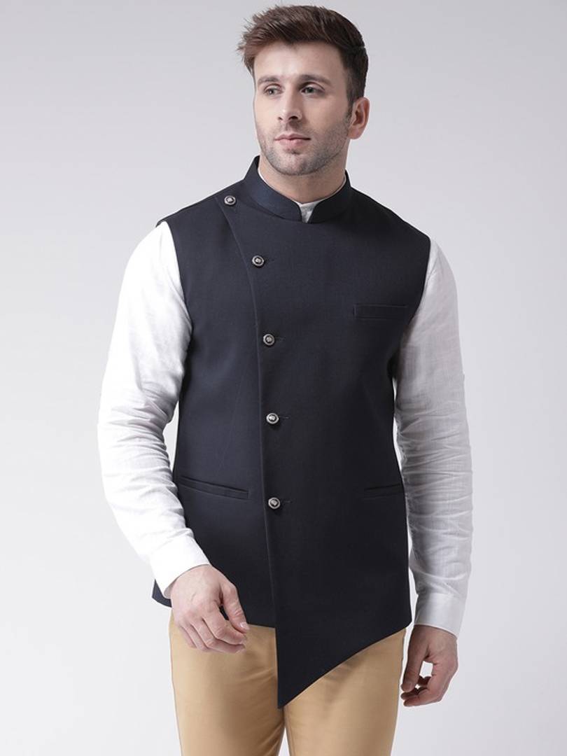 Men's Navy Blue Viscose
 Solid
 Nehru Jackets